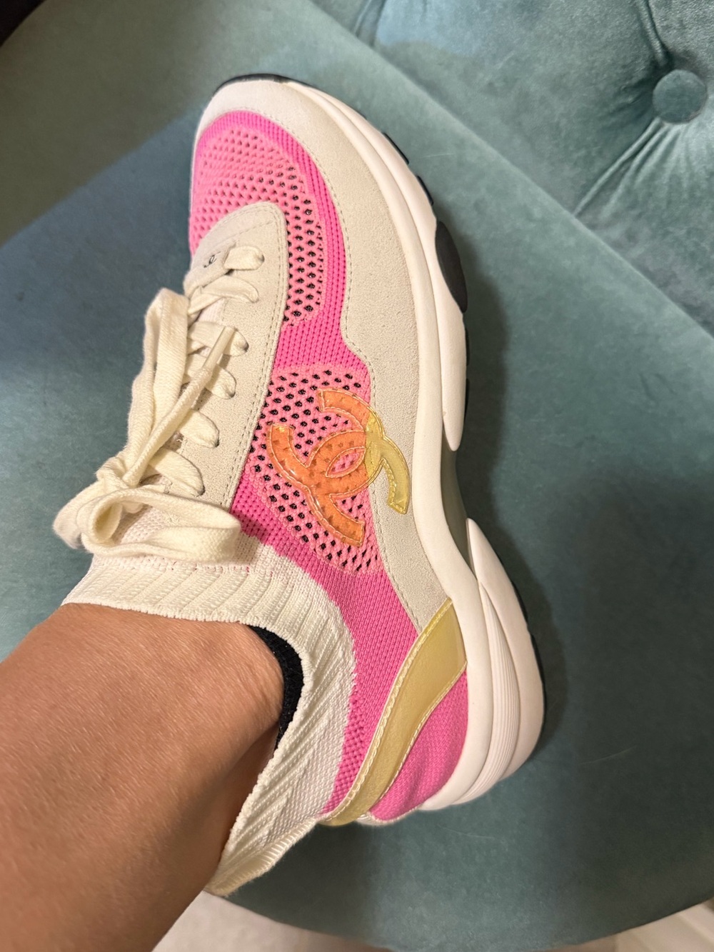 CHANEL pink Fabric Lace-up Logo leather sneakers box 38 Trainers